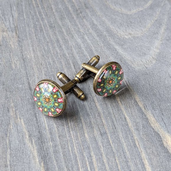 Glass Dome Cuff Links with Green Kaleidoscope Pattern, Antiqued-Bronze Plated - Picture 12 of 16